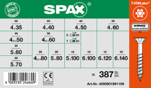 SPAX Sortiment Koffer Schrauben-Set mit 14 Abmessungen, 387 Stück Senkkopf WIROX